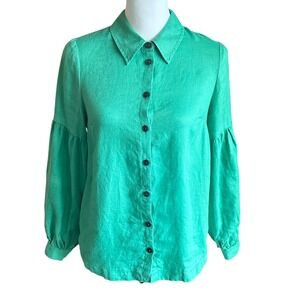 Boden Blouse Size US 4P Green Anna Blouson Linen Button Down Top Balloon Sleeve‎